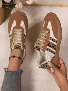 Women's Leopard Accent Lace - Up Sneakers, Casual Comfortable Breathable Walking & Training Shoes, Versatile Retro Sports Footwear for Daily Commuting, Leisure & Outdoor, Trendy Non - Slip Sneakers for Gym Workout & Running, Leopard Print Sneakers