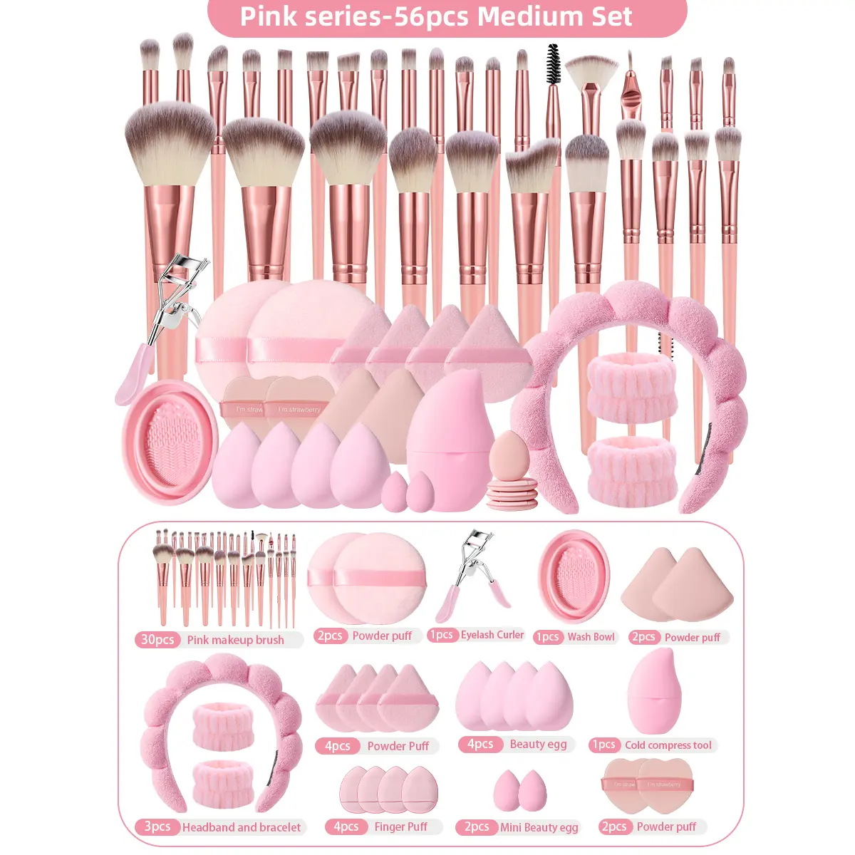 56Pcs Makeup Brush  Kit,  Cosmetic Brushes with Bubble Head Spa Headband, Eyelash Curler, Beauty Sponges, Powder Puffs & Silicone Brush Cleaning Bowl,  for Beginners Beauty Tools Set Cosmetics Makeup Tool Cosmetics Accessories Complexion Brush Set