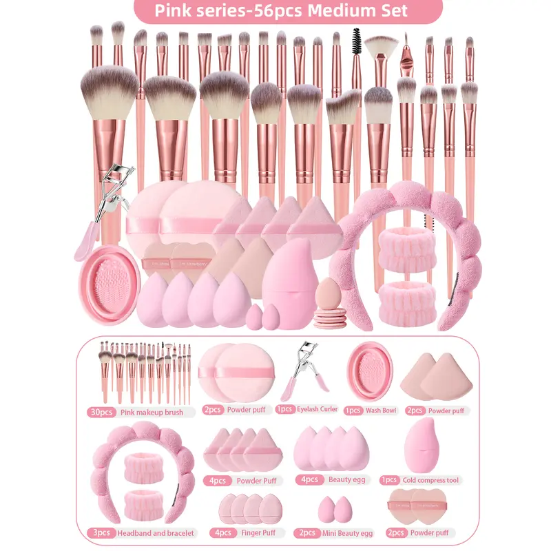 56Pcs Soothing Makeup Brush Kit for Girls & Beginners, Cosmetics Makeup Tool Set with Bubble Head Spa Headband, Eyelash Curler, Beauty Sponges, Powder Puffs, Silicone Brush Cleaning Bowl, Ideal Gifts for Women