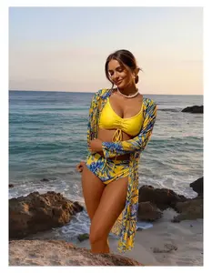 Women's Sun Protective Clothing Set - Yellow Maple Leaf Tankini & Longline Cover-Up - 3 Piece Swimsuit Cover Up - UPF 50+ V-Neck Beach Outfit