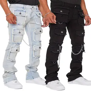 Men's Slim Fit Stretch Cargo Jeans Ripped Skinny Jeans for Men, High Waisted Stacked Straight Leg Denim Pants Fashion Trouser