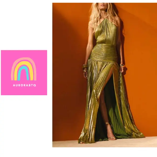 Women’s Olive Green Halter Sequin Split Midi Dress