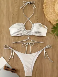 Women's Sexy Silver Color Bikini Set, Two-Piece Beachwear Swimwear, Plain Design, Perfect for Summer Fashion & Casual Wear