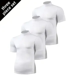 3pcs Men'S Black Short Sleeve T-Shirts - Stretchy Slim-Fit High-Neck Round Neck Tops, Breathable Muscle-Enhancing Gym Shirts for Fitness, Running & Casual Attire, Solid Color Athletic Tees with Smooth Texture, Spring/Autumn Comfort Clothing (Men'S F winte