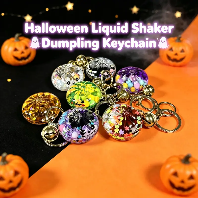 Halloween Bun Keychain Accessory - Cute Spooky Plastic Liquid-Floating Charm Key Ring with ASMR Bell, Sensory Fidget Item, Stocking Stuffer Ideas, Festive Party Favor, Bag Accessory for Purse Decoration