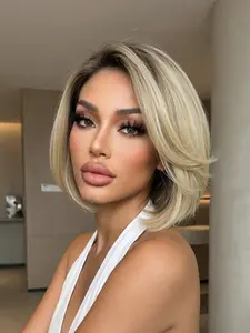 Ombre Blonde Bob Wig, Layered Cut Lace Part, Short Straight Glueless Bob, Realistic Hairline, Synthetic Heat Resistant Fiber Hair for Women
