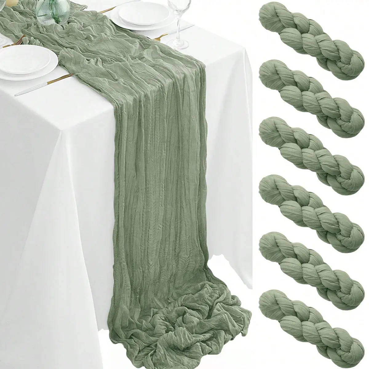 Boho Gauze Cheesecloth Table Runner - 6/10 Packs in Sage Green, 17x108in (9FT) Sheer Vintage Rustic Fabric for Wedding, Bridal Shower Decor