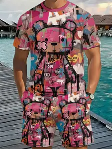 Graffiti Violent Bear Trendy Cool Men's 3D Digital Print Two-Piece Set, 2Pcs, Trendy Fashion Set, Trendy Retro Casual Two-Piece Set, Vacation Style Trendy Outfit, Breathable Sports Casual Style, Perfect Holiday Gift for Men