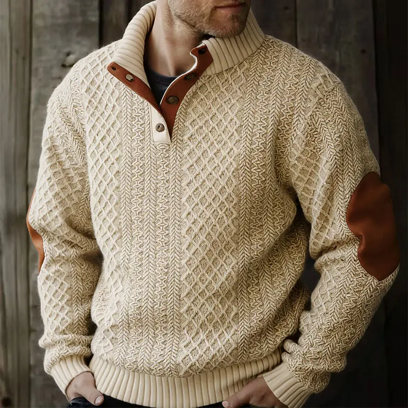 Men's Textured Knitwear Pullover, Casual Long Sleeve Sweater with Color Block Splicing - Foldable Hangable Design, Athletic Basics, Menswear, Round Neck, Party, Polyester Clothes, Pullover Sweater, Cold Wash