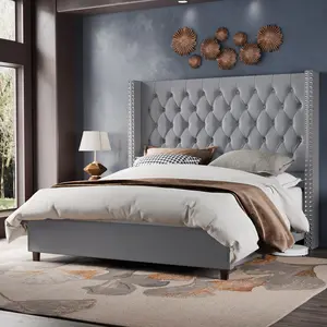 VanAcc Velvet Upholstered Bed Frame 61.4" Tall Headborad Queen Bed Frame/Deep Button Tufted/No Box Spring Needed