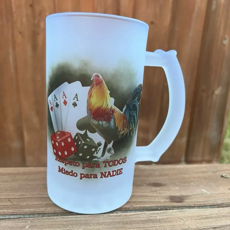 RESPETO PARA TODOS MIEDO PARA NADIE 16oz Frosted Glass Mug with Rooster and Playing Cards Design RESPETO PARA TODOS MIEDO PARA NADIE 16oz Frosted Glass Mug with Rooster and Playing Cards Design