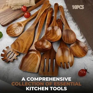 10-Piece Natural Wooden Kitchen Utensil Set, Ergonomic Handles, Heat-Resistant, Includes Spoons, Spatulas, Ideal for Electric Stoves, Perfect Gift