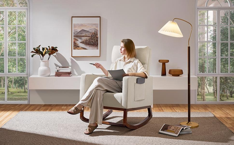 Yaheetech Rocking Chair Upholstered Glider Chair with Solid Wood Legs, Rocking Accent Armchair with High Back and Side Pocket for Living Room Bedroom