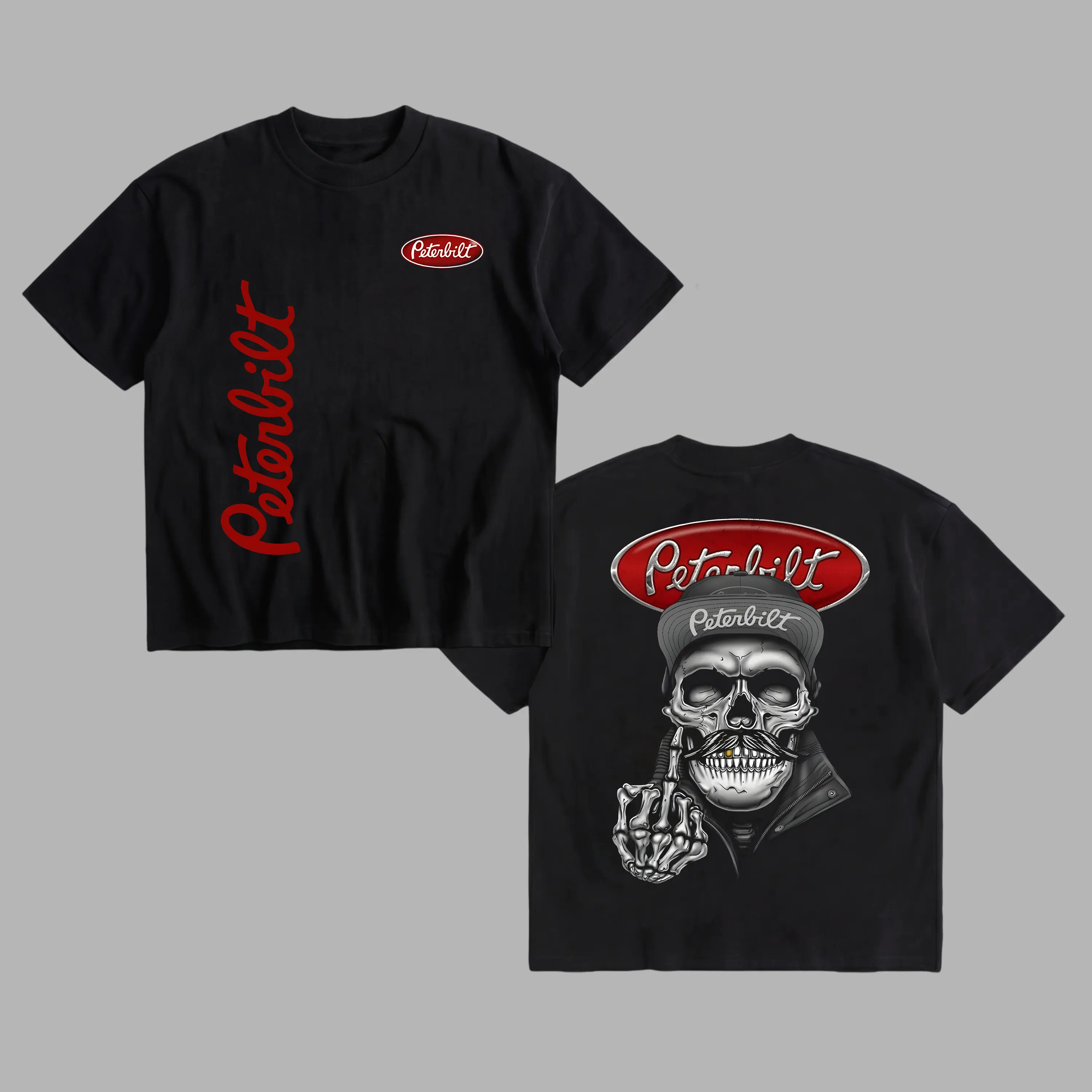 PC Peterbilt Rebel Trucker Shirt, Soft Ring-Spun Cotton, Unique Moustache Skull Prints for Trucking Enthusiasts & Rebel Style, Breathable Sport Top Clothes Fabric