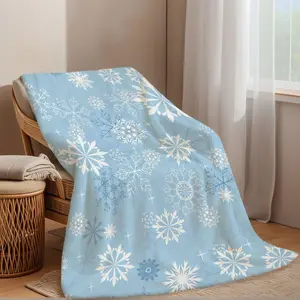 1Pc Light Blue Snowflake Pattern Throw Blanket |   Intricate Multi-Size White Snowflake Design, Cozy For Winter Home Decor, Perfect Holiday Gift, Bedroom/Living Room/Reading Use, Soft & Warm Fleece Blanket, Polyester