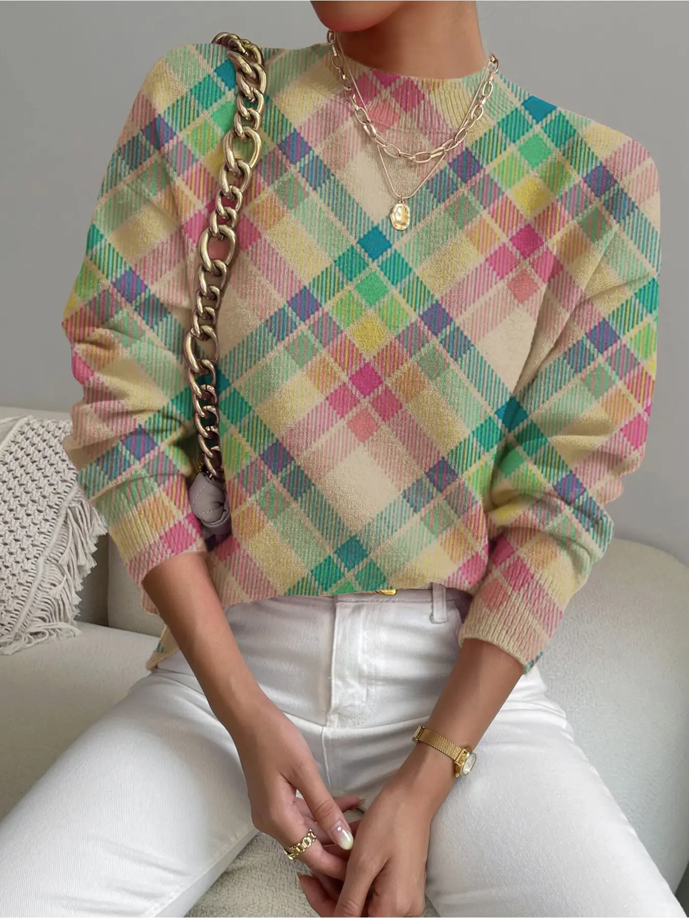 Women's Gradient Color Block Plaid Print Stand Collar Short Fitted Sweater, Casual Long Sleeve Knitwear for Fall Winter, Comfortable Warm Daily Wear