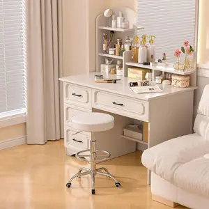 VECELO PU Leather Round Rolling Stool with Footrest, 330 lbs Weight Capacity, Height Adjustable, for Tattoo Lab Massage Salon Spa Drawing Nail Art Teaching, 360 Degree Rotation, Leather, Thick Seat Cushion (White\Black)