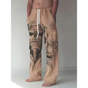 Men’s Loose-Fit Skull Print Joggers – White & Gray Skeleton Design, Polyester Blend, Casual Sport Pants with Drawstring Waist, Machine Washable, Clothing | Skull Print Pants | Drawstring Waistband