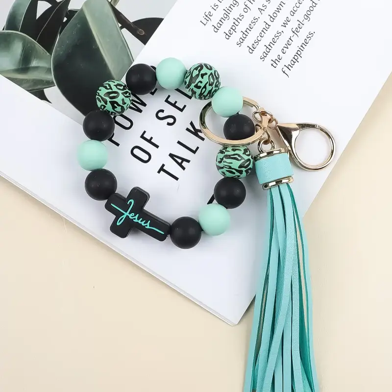 Cross Silicone Bead Bracelet Keychain, Leopard Print Beaded Tassel Design, Religious Theme Car Key Holder, Women's Bag Charm Gift Keychain Accessory #GLOBAL PICKS