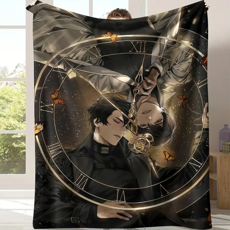 Time Loop Twin Male Lead Clock Butterfly Throw Blanket, Dark Starry Background Golden Roman Numeral Clock Frame Romantic BL Manhwa Art Flannel Blanket, Soft Fleece Blanket, Perfect Dark Aesthetic Yaoi Manga Bedroom Decor Manhwa Fan All-Season Gift