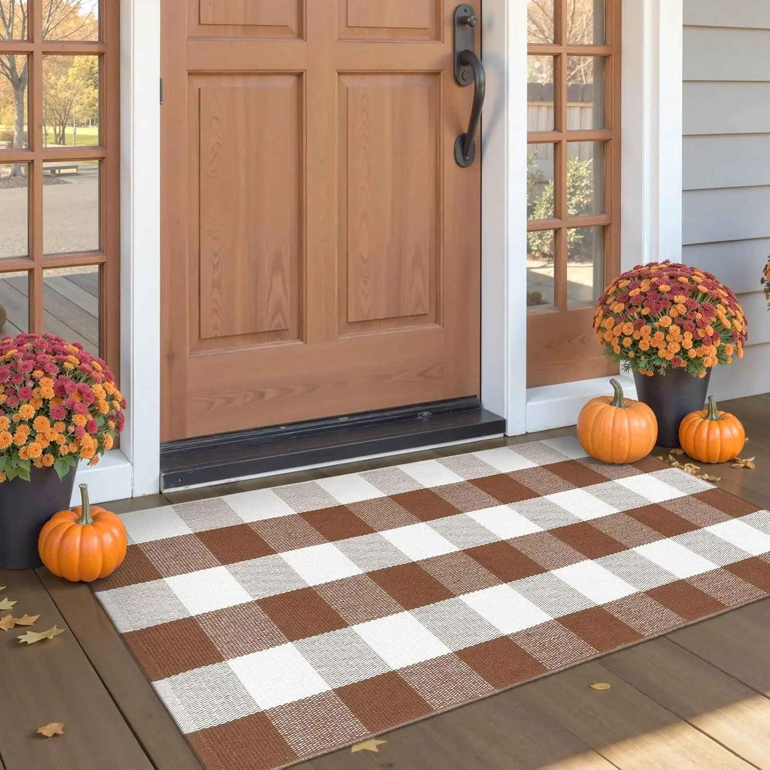 Buffalo Plaid Checkered Rug 24"x51" Front Door Rug, Washable Front Door Mats Outdoor Entrance Porch Carpet Hand Woven Fall Welcome Mats Indoor Outdoor Farmhouse Layered Doormats for Entryway