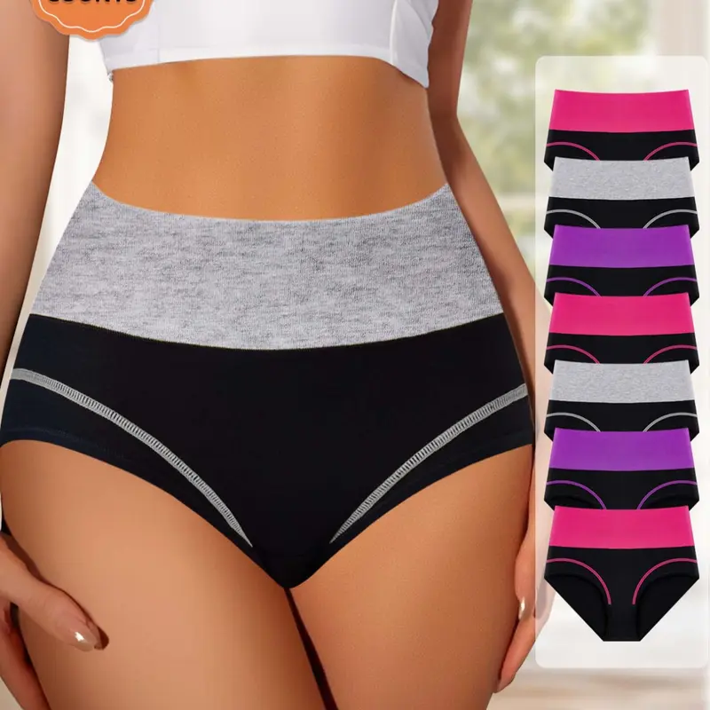7-Pack  MEIYATING Women's High-Waist Control Underwear, High Waisted Panties, Fashion Colorblock Comfortable Fit Triangle Panties, Premium Skin-Friendly Design, Elastic Knit Underwear, Colorblock Panty