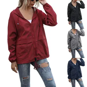 Women Rain Jacket Outdoor Running Hooded Windproof Short Raincoat Casual Spring Autumn Coats Breathable Clothing Comfort Long Sleeve Womenswear Cardigan Fabric Loose Medium Mountain