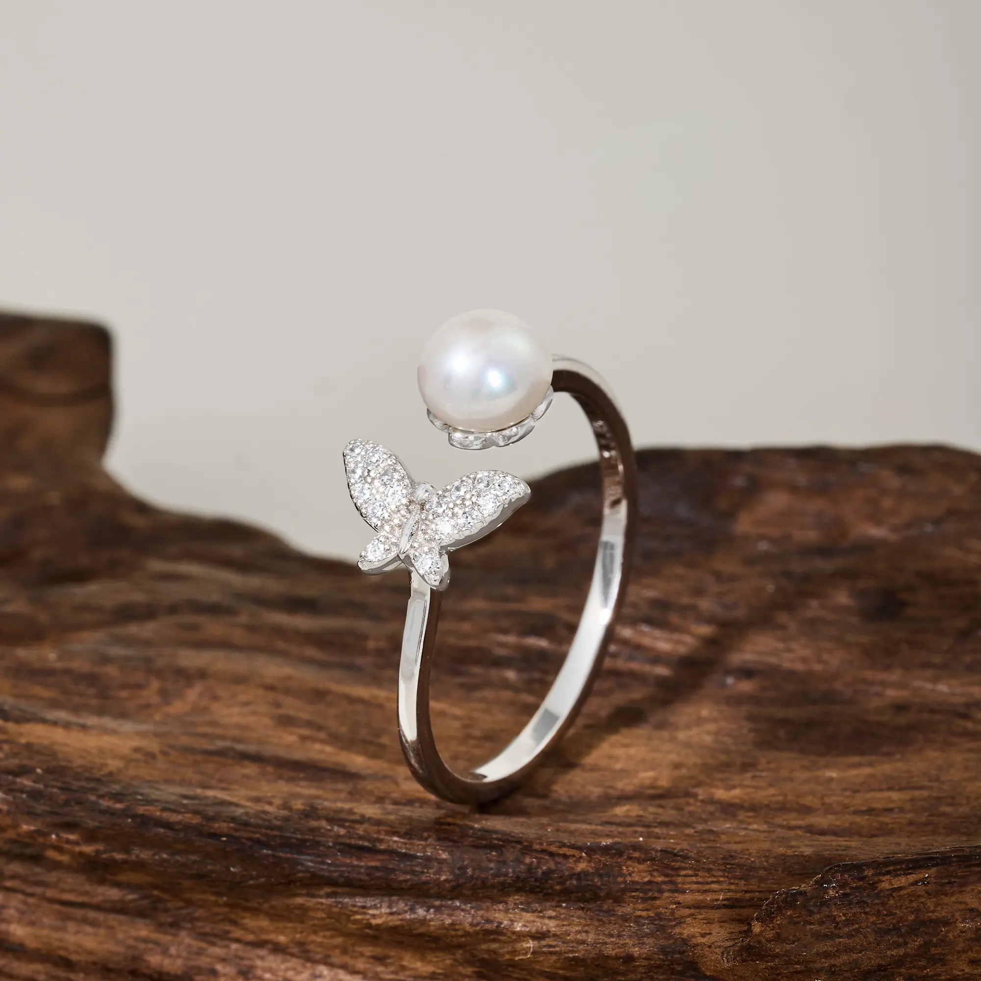 EAMTI 925 Sterling Silver Butterfly Rings White Fresh Water Pearl Rings Adjustable Open Cubic Zirconia Engagement Rings for Women