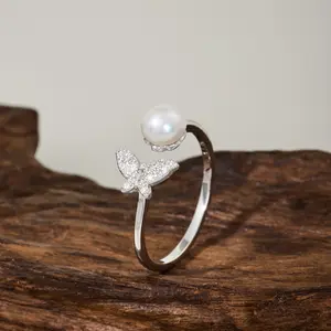 EAMTI 925 Sterling Silver Butterfly Rings White Fresh Water Pearl Rings Adjustable Open Cubic Zirconia Engagement Rings for Women