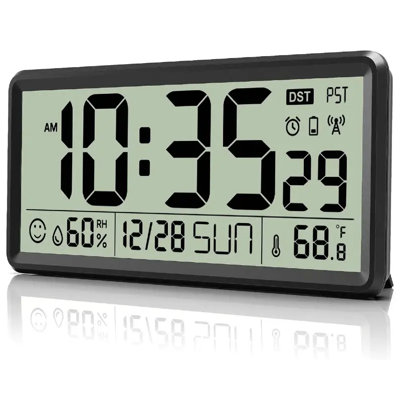 [Back To School] EASYERA 15'' Large Digital Clock, Atomic Wall Clock Battery Operated, Self-Setting, Indoor Temperature & Humidity, Auto DST, for Kitchen, Classroom, Dormitory, Garage, Office, Work Space, Shed (Batteries Not Included)
