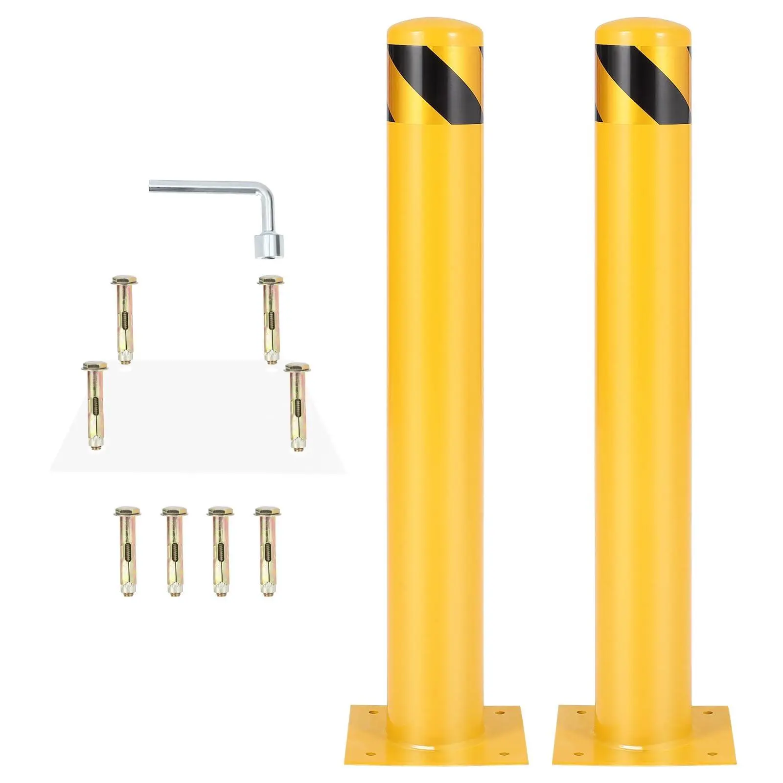 Safety Bollard, 42 Inch Height 4.5 Inch Diameter Yellow Steel Bollard Post with Anchor Bolts, Heavy Duty Parking Barrier for Driveway and Traffic Control, 2 Packs