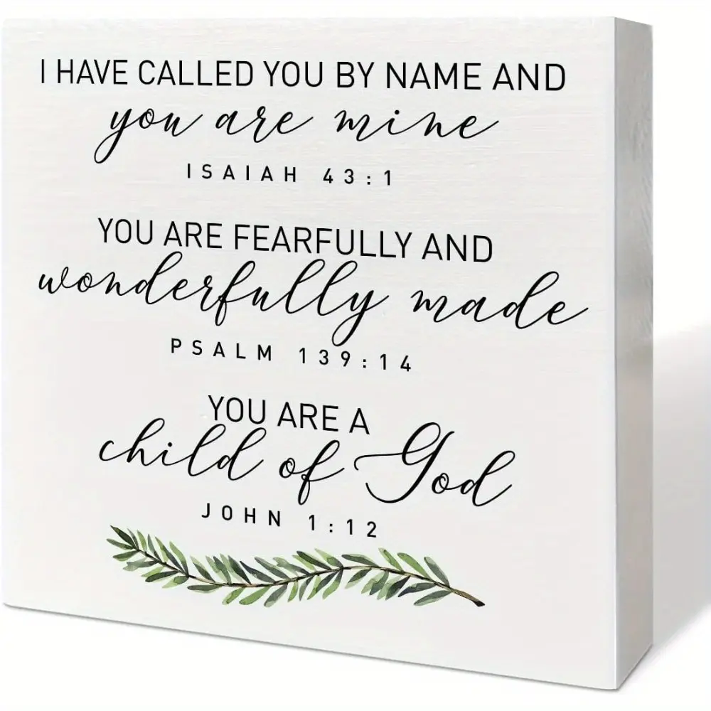 Olive Branch Square Wooden Box Sign With 3 Bible Verses Print, Christian Faith Tabletop Decor Plaque, Child of God Encouragement Gift for Women Church Home Decor for Christmas & Thanksgiving