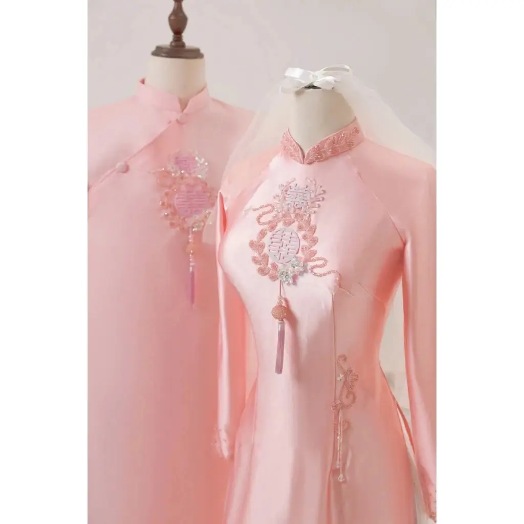 Traditional Vietnamese Couple Ao Dai Set – Elegant Pink Wedding Matching Outfit