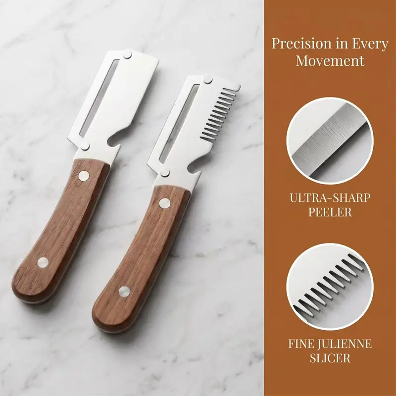 2-Pack Durable 3-in-1 Fruit/Veg Peeler Kitchen Utensils Set - Premium-Grade Sharp Stainless Steel Blade, Ergonomic Wooden Handle, Built-in Bottle Opener, for Smooth Carrot Peeling & Daily Kitchen Use