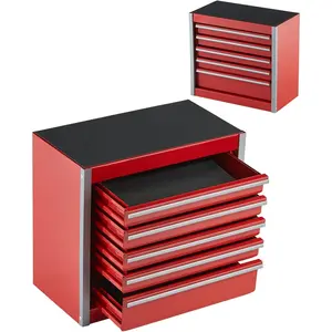 Metal Tool Box, 8.6-inch, Portable Metal Tool Box with 5 Drawers, Small Tool Chest with EVA Liners and PP Feet Pads, Heavy-Duty Steel With Ball Bearing Opening and Powder Coated Finish, Red