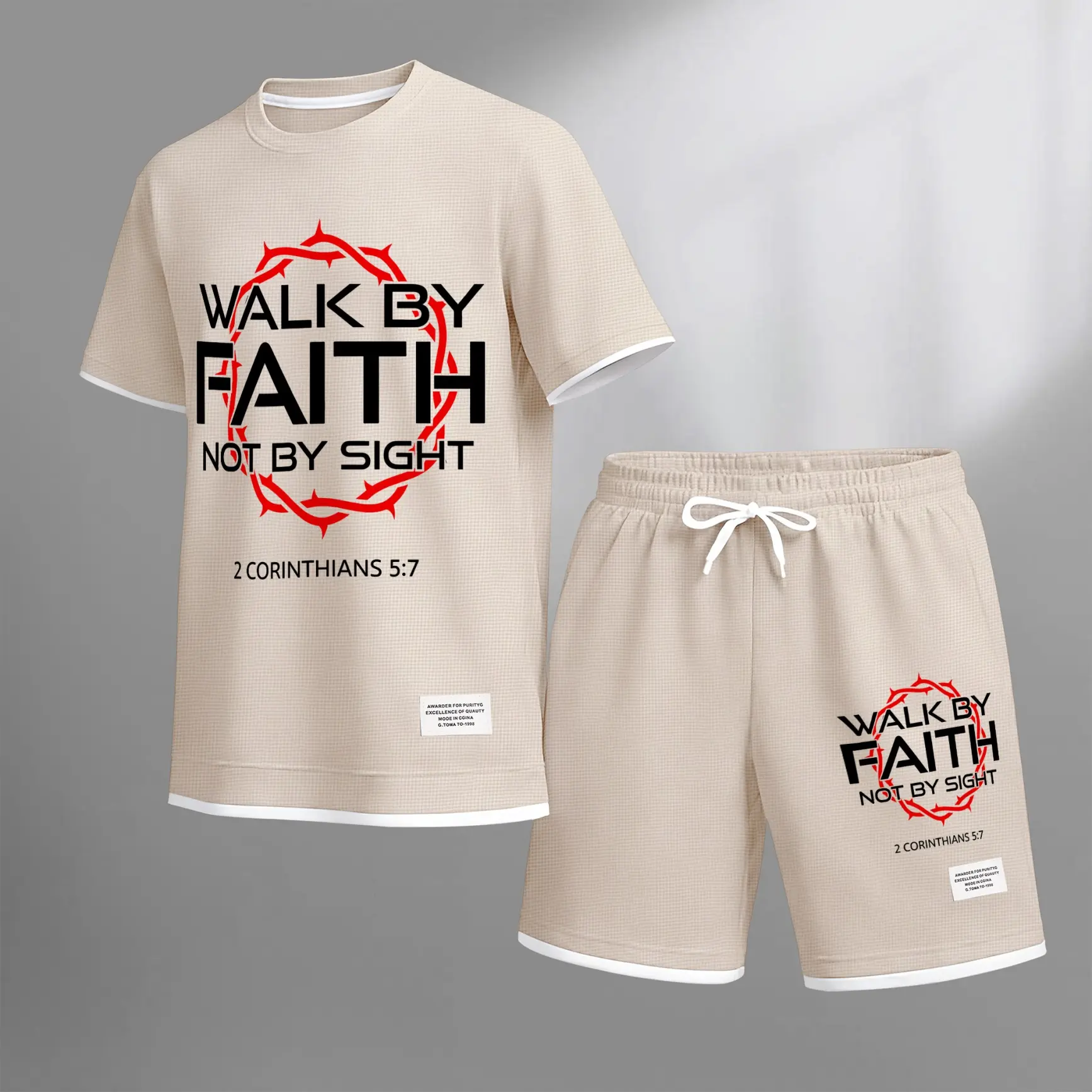 Men's Christian Faith Graphic T-Shirt and Shorts Set, “Walk By Faith Not By Sight” Bible Verse Print, Lightweight Breathable Summer Two Piece Outfit, Casual Streetwear, Comfortable Beach Vacation Loungewear