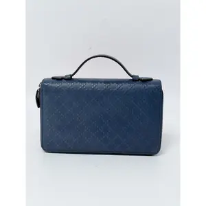 Pre-owned GUCCI gg Leather Organizer Clutch Gucci Navy Blue Microguccissima Double Zip Top Handle handbag JC131GG