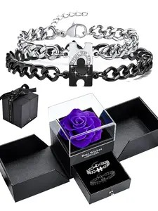 Heart Puzzle Couple Heart Shaped Bracelet Set with Rose Gift Box, Unisex Promise Jewelry for Boyfriend/girlfriend, Anniversary Valentine's Day Christmas Gifts
