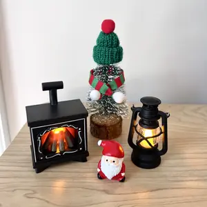 Christmas Decor Miniature Set｜Tiny Fireplace & Oil Lamp with Knit Accessories Tree & Santa, Cozy Holiday Scene Desktop Decor, Unique Christmas Gift Idea