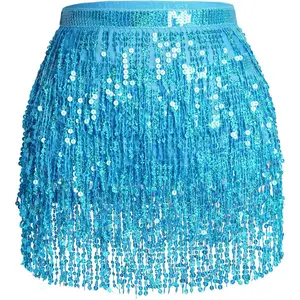 Belly Dance Hip Scarf Sequin Tassel Skirt Wrap Sparkly Rave Costume for Women