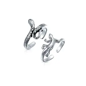 Set of 2 Garden Reptile Snake and Geko Lizard Midi Toe Ring Sterling Silver