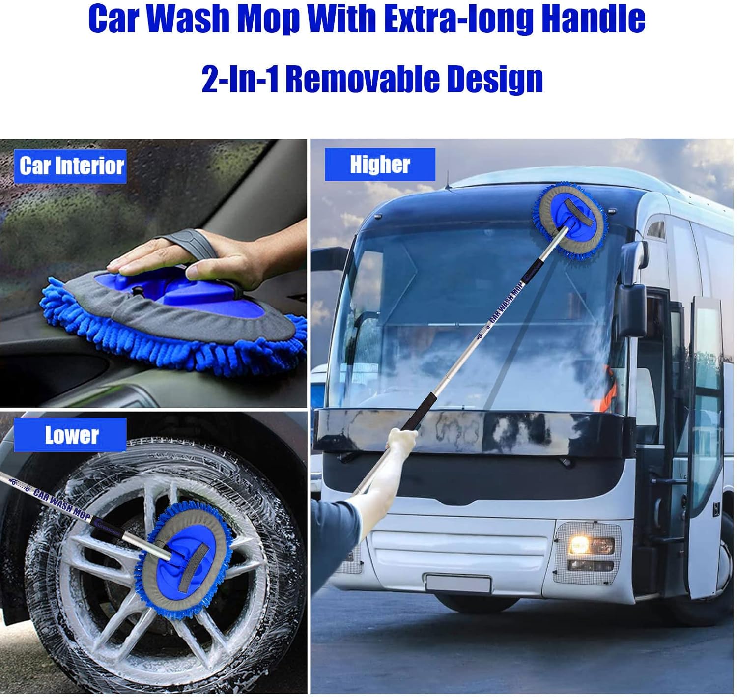 62" Car Wash Brush Mop Kit with Long Handle, 2 in 1 Chenille Microfiber Sponge Mitt Cleaning Detailing Duster for Washing Cars Truck SUV RV Caravans and Household(2 x Mop Head) (Blue) 62" Car Wash Brush Mop Kit with Long Handle, 2 in 1 Chenille Microfiber Sponge Mitt Cleaning Detailing Duster for Washing Cars Truck SUV RV Caravans and Household(2 x Mop Head) (Blue)