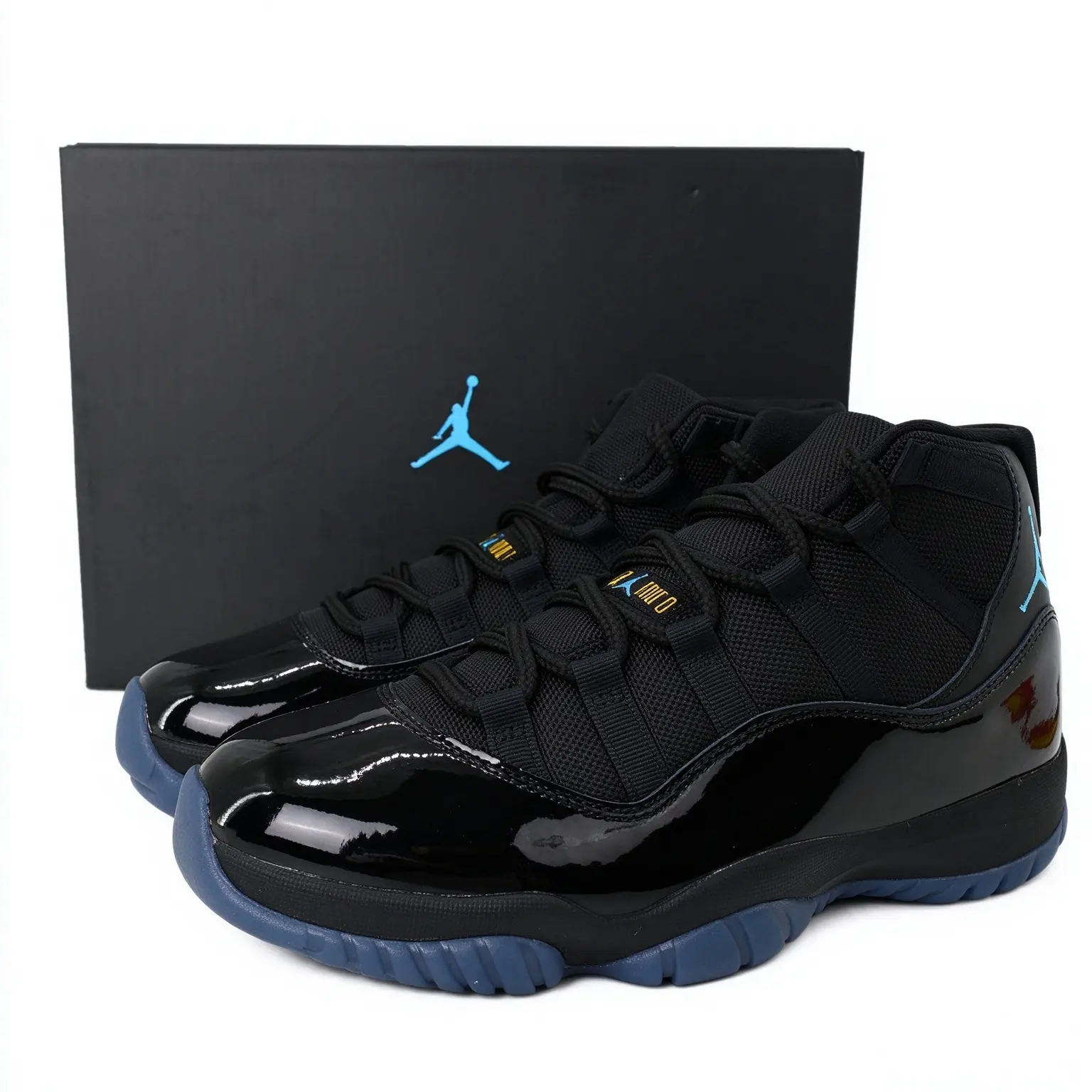 Trendy Unisex High Top Sneakers, Glossy Black Patent Toe + Black Mesh Upper, Cushion Midsole, Dark Blue Non-slip Outsole, Original Box Included.