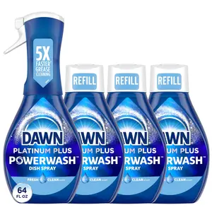 Dawn Platinum Plus Powerwash Dish Spray Liquid Fresh Scent Bundle 1 Spray 16oz + 3 Refills 16oz Each Pack of 4 5X Faster Grease Cleaning