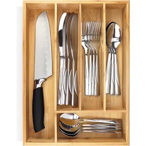 Bamboo Silverware Organizer, Small Extra-Deep 5-Slot Wooden Kitchen Drawer Organizer Divider for Spoons, Forks, Knives & Cutleries