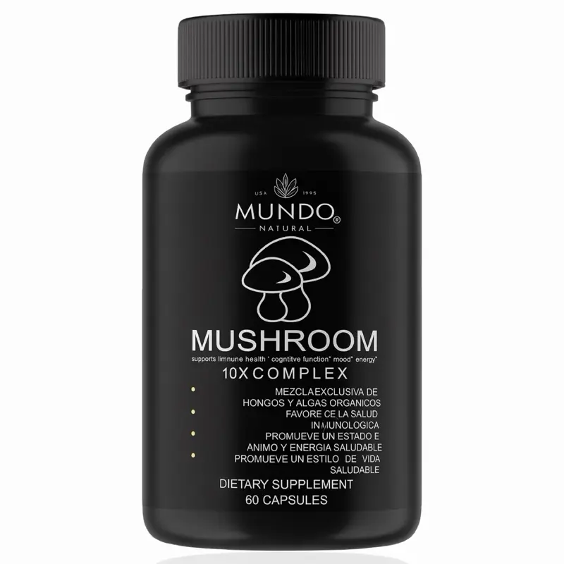 Mundo Natural Mushroom 10X Complex Dietary Supplement - 60 Capsules for Immune Health & Energy Support
