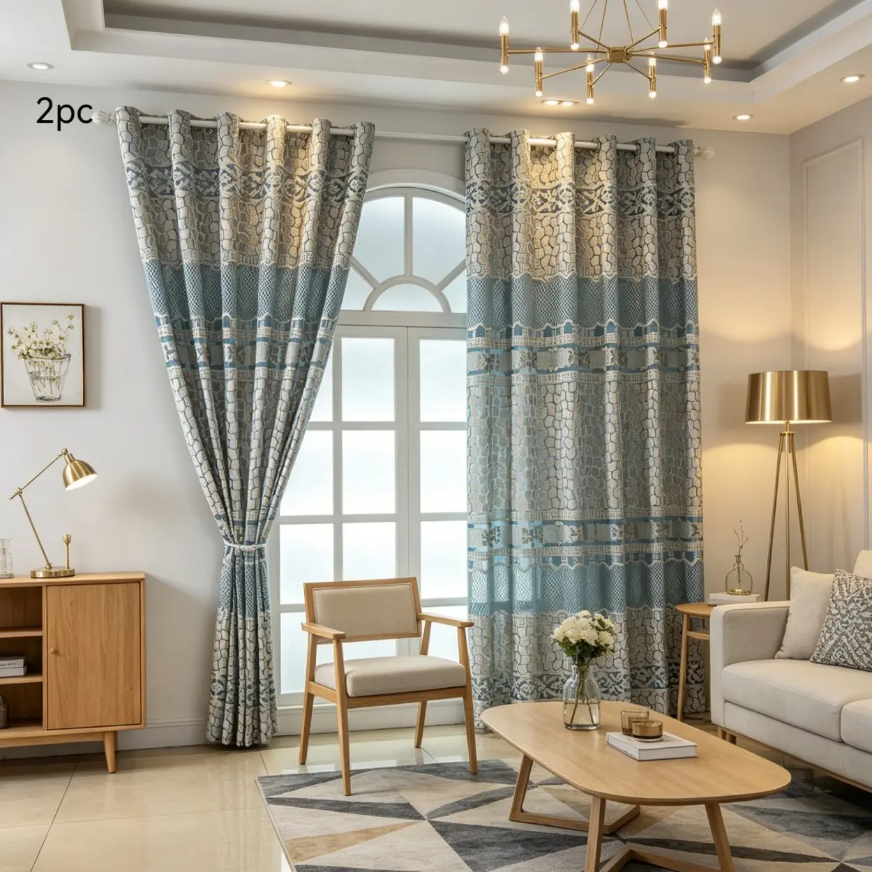 2 pieces of blue silver geometric jacquard curtains, light-filtering curtains for living room, blue jacquard curtains, light-filtering tab-top curtains, TikTok hit blue geometric curtains, Window curtain