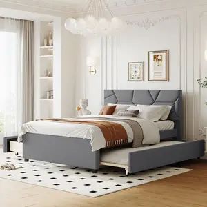 Eyisean 79.3" Full Size Linen Bed Frame with Trundle & 2 Storage Drawers, Modern Upholstered Platform Bed with Brick Pattern Headboard, Wood Slat Support, Space Saving Frame Trundle for Bedroom