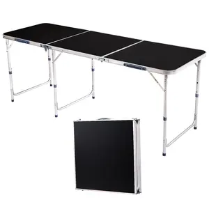 6.0 Ft Folding Portable Camping Table with Three Adjustable Heights, Tri-fold Outdoor Table, Outdoor Camping Kitchen, BBQ, Picnic, Cooking, Beach, Garden, Party, Black