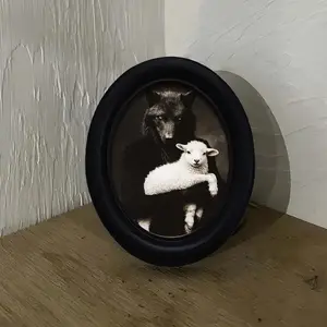 Dark Wolf Holding Bright Sheep, 3D Elliptical Wooden Frame, Craft Photo Transfer, Living Room or Bedroom Wall Decor, Halloween Decoration, Wood Wall Art